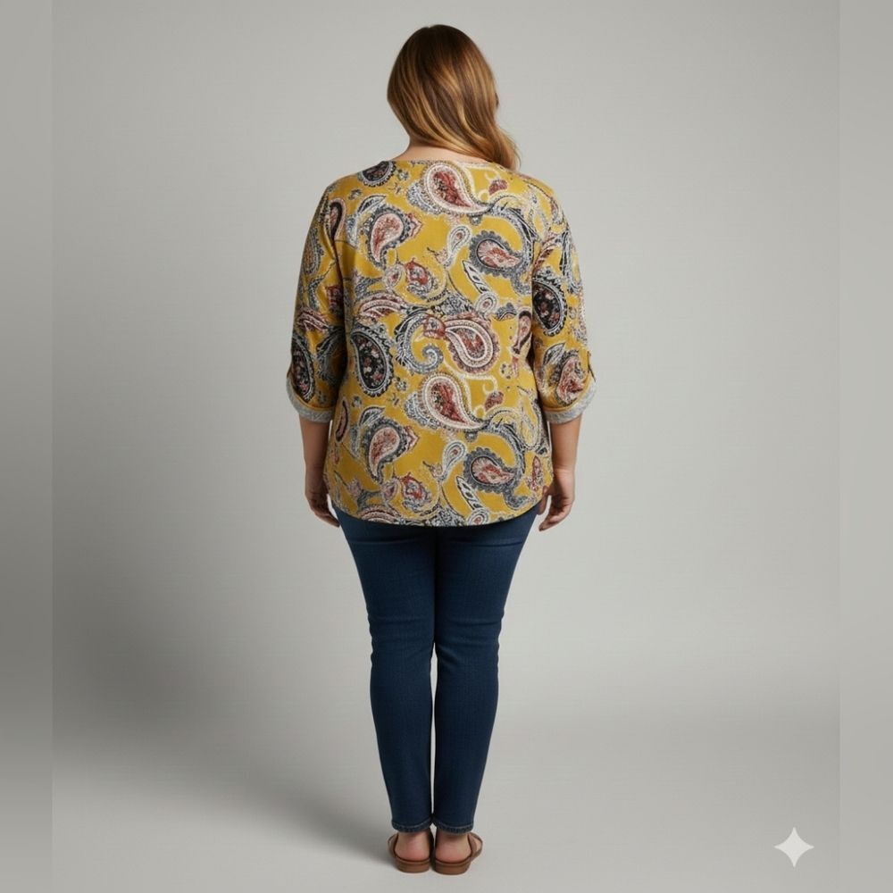 PerSeption Concept Women's Yellow Paisley Print Roll Tab 3/4 Sleeve Blouse Sz XL - Picture 8 of 11